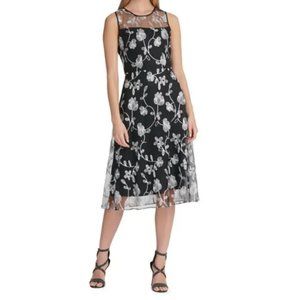 nwt DKNY Floral Embroidered Mesh Dress black
